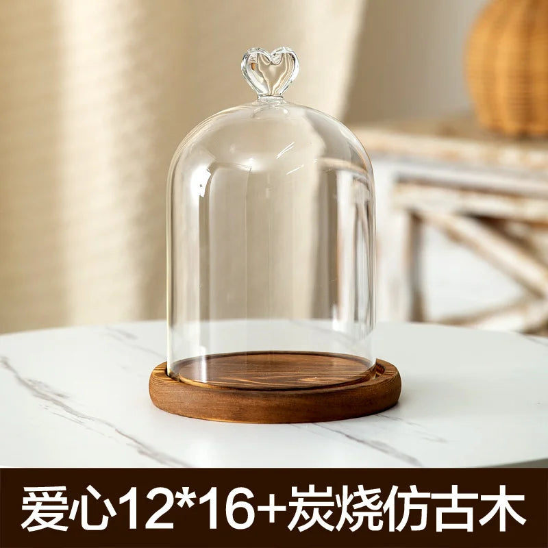 cloche verre transparent base bois bougie parfumée pinçon décoratives