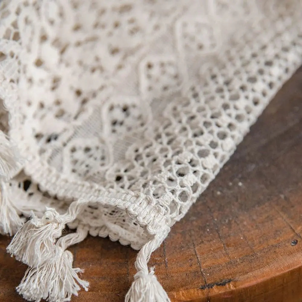rideau boho chic coton beige clair dentelle semi transparent franges européennes