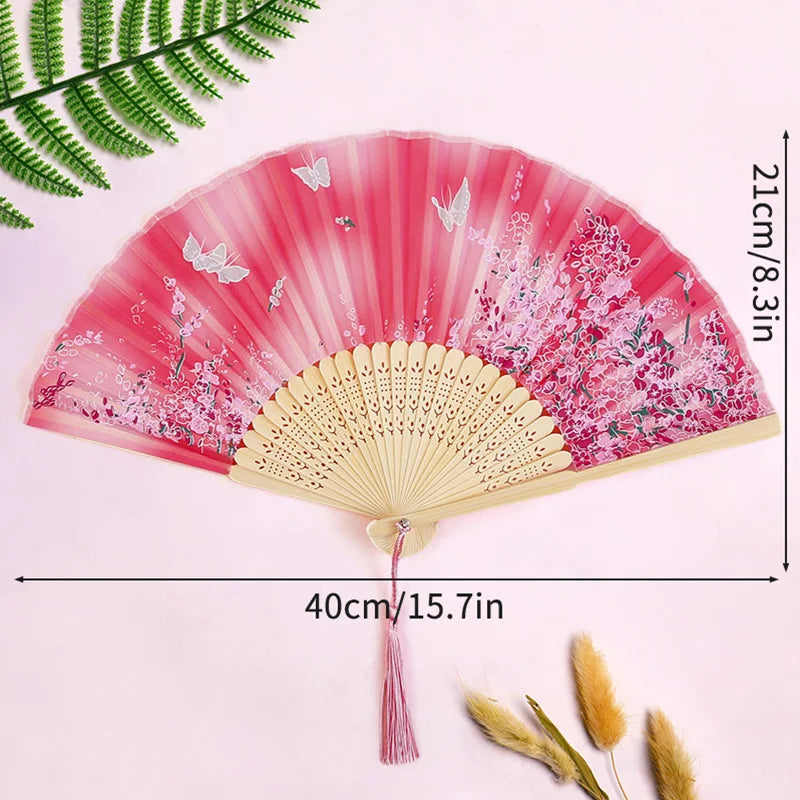 éventail pliant traditionnel bambou motif fleurs cerisier pompon mariage élégant