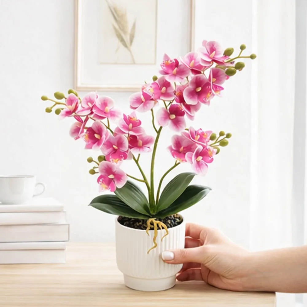 orchidée artificielle fleurs roses feuilles vertes pot blanc moderne minimaliste décoration intérieure sans entretien