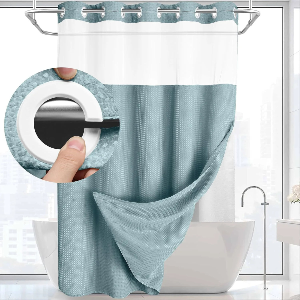rideau douche moderne gris vert blanc tissé points transparent waterproof anneaux 72x74inch