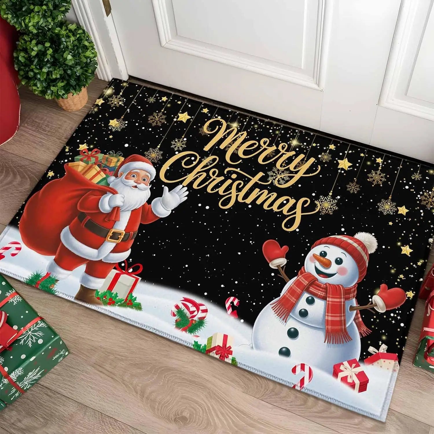 Paillasson de Noël avec Père Noël et bonhomme de neige décorant une entrée