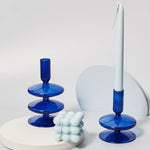 bougeoir moderne verre bleu cobalt texture ondulée décoration intérieure vase support blanc bougie blanche