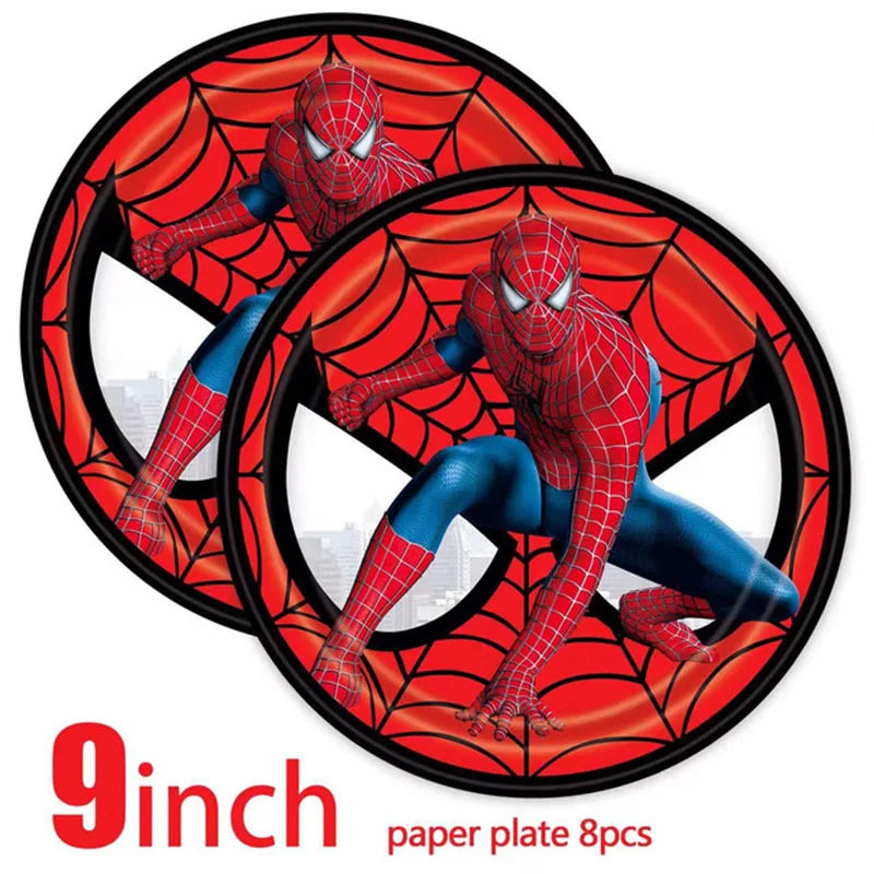 ensemble décoration anniversaire spider man vaisselle jetable nappe assiettes gobelets banderole ballons rouges