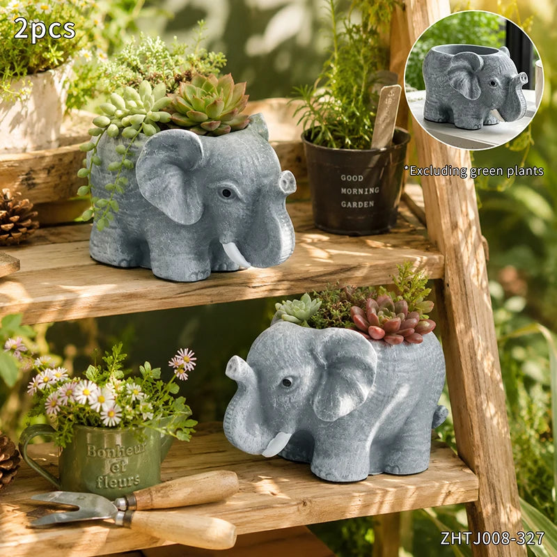 pots fleurs forme éléphant gris clair aspect texturé effet pierre decoratif animalier succulentes differentes
