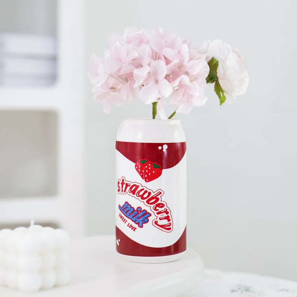 vase céramique moderne forme canette rouge blanc rose décoration intérieure pop artbranches sèches fleurs