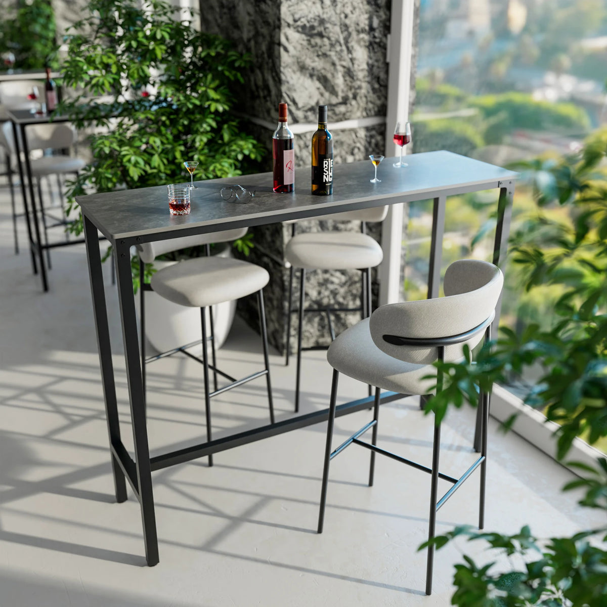 table haute moderne marbre blanc pieds métal noir tabourets minimaliste