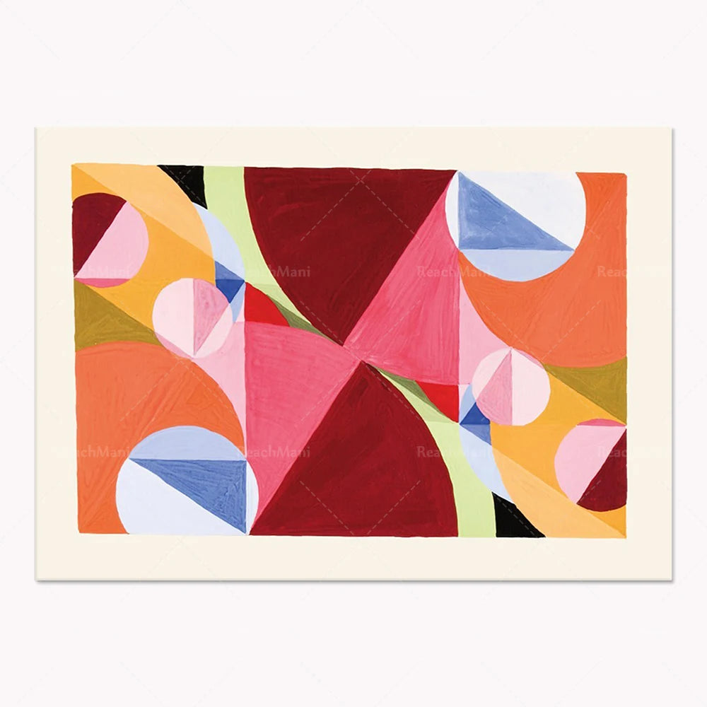 Forme géométriques abstraites colorées avec des triangles et des cercles dans une composition dynamique.