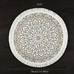 tapis rond boho chic motif floral franges beige clair salon chambre coucher moderne geometrique