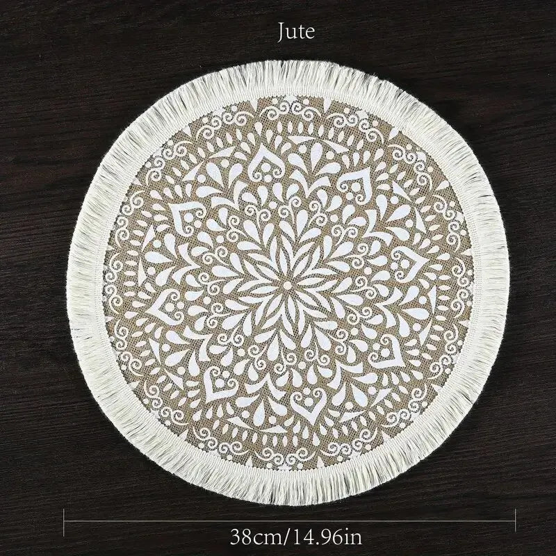 tapis rond boho chic motif floral franges beige clair salon chambre coucher moderne geometrique