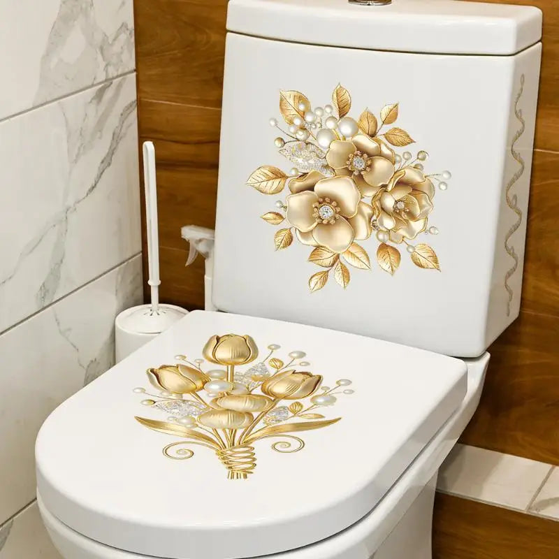 cache siège toilette blanc doré fleurs feuilles adhésif salle bain élégant classique deco intérieure