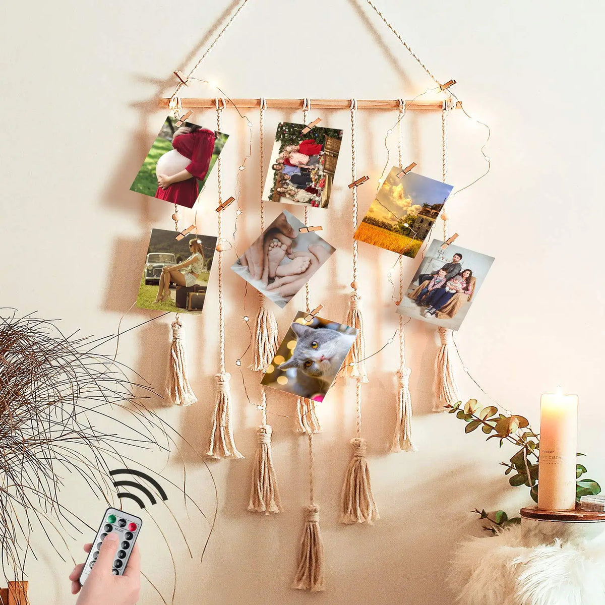 cadre photo murale bois corde tressée pompons bohème chambre enfant decoration chambre cadeau amis