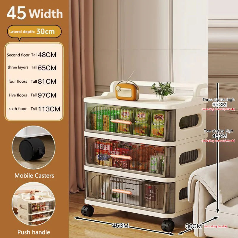 meuble rangement mobile tiroirs roulettes beige clair rayures horizontales moderne