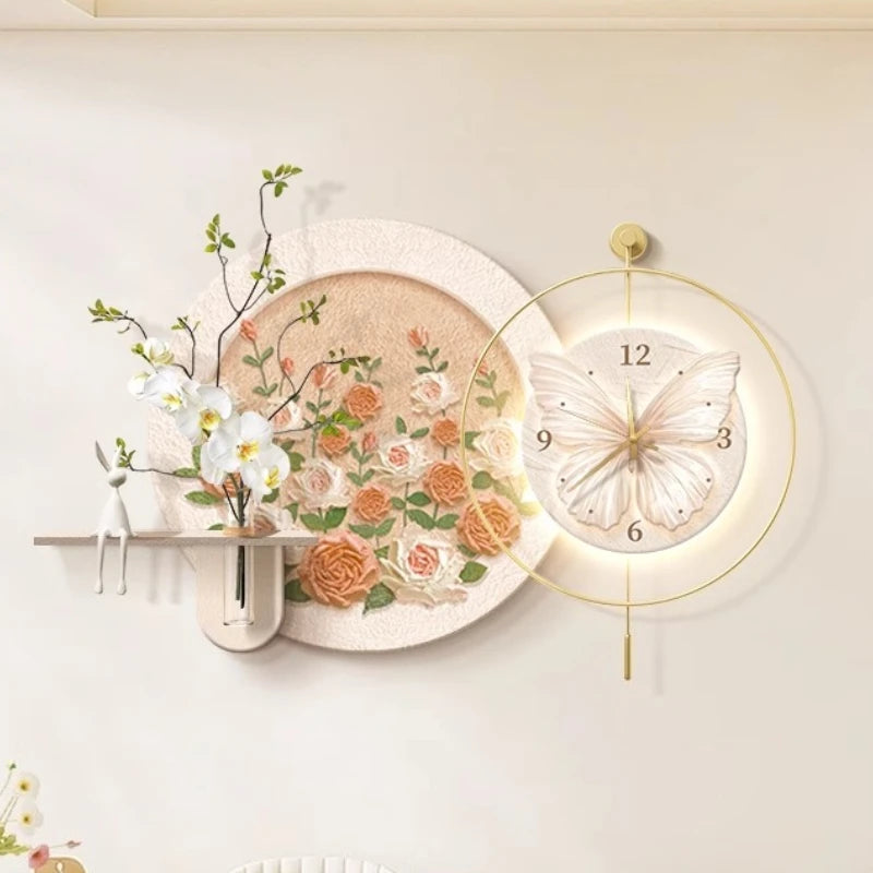 horloge murale moderne fleurs papillon rose blanc doré