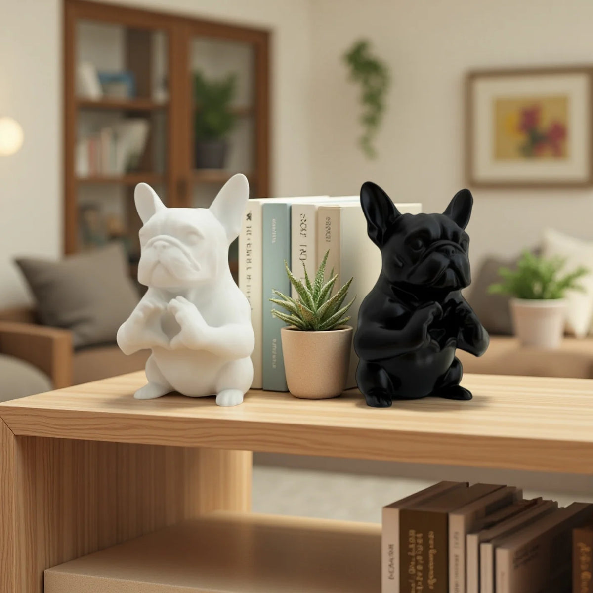statue chien bouledogue français blanc noir moderne résine décorative intérieur tableaux plantes livres