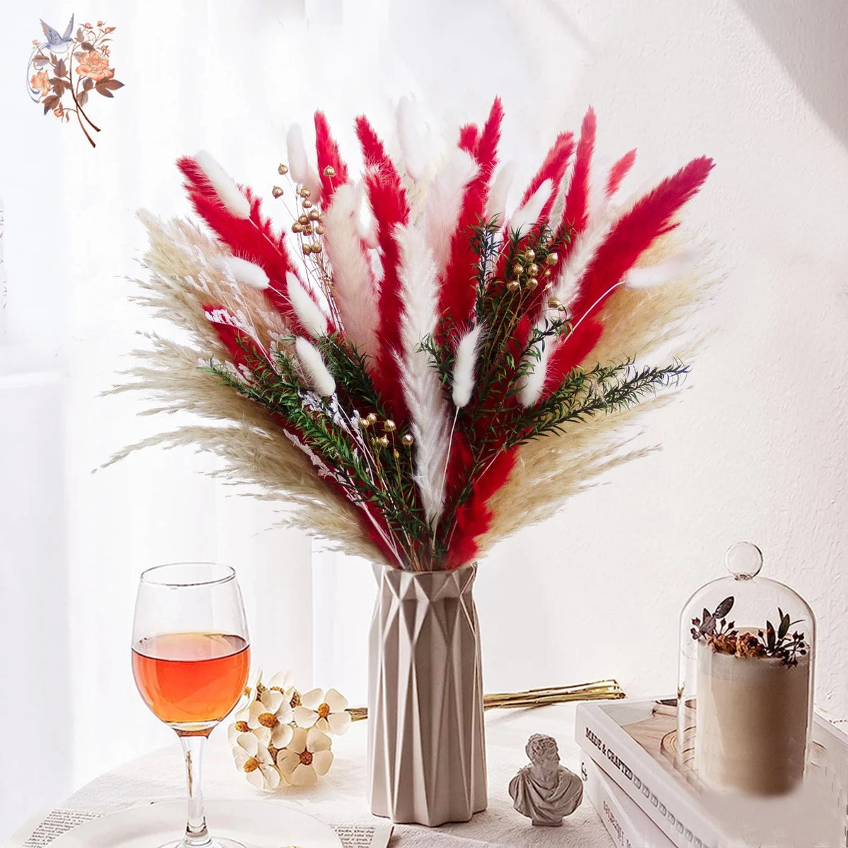 bouquet dried flowers naturel rouges blancs vase beige decoration maison anniversaire fete
