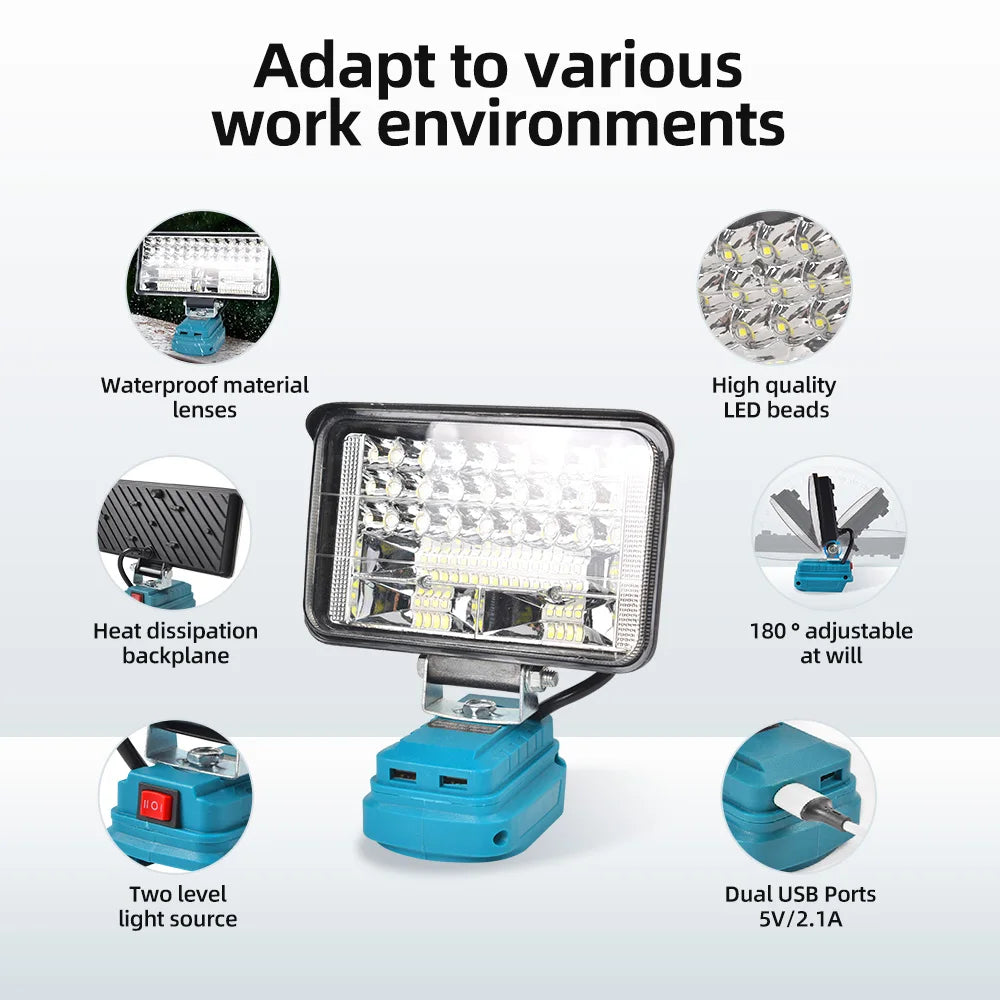 lampe led travail projecteur makita batterie 18v charge usb lentille réfléchissante support pivotant industrielle