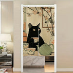 rideau porte chat noir dessin animé japonais fleurs roses opacité classique intérieur maison