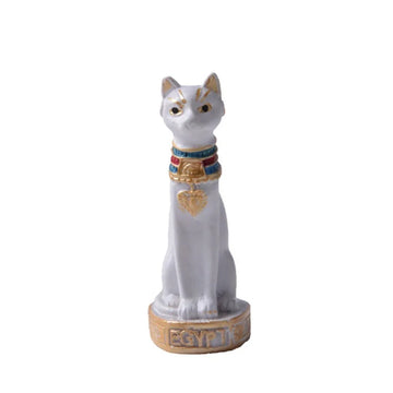 statuette égyptienne ancienne chat ornements hiéroglyphes noir blanc doré