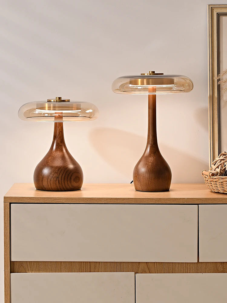 lampe table moderne verre transparent bois foncé brillant contemporaine minimaliste led chambre salon