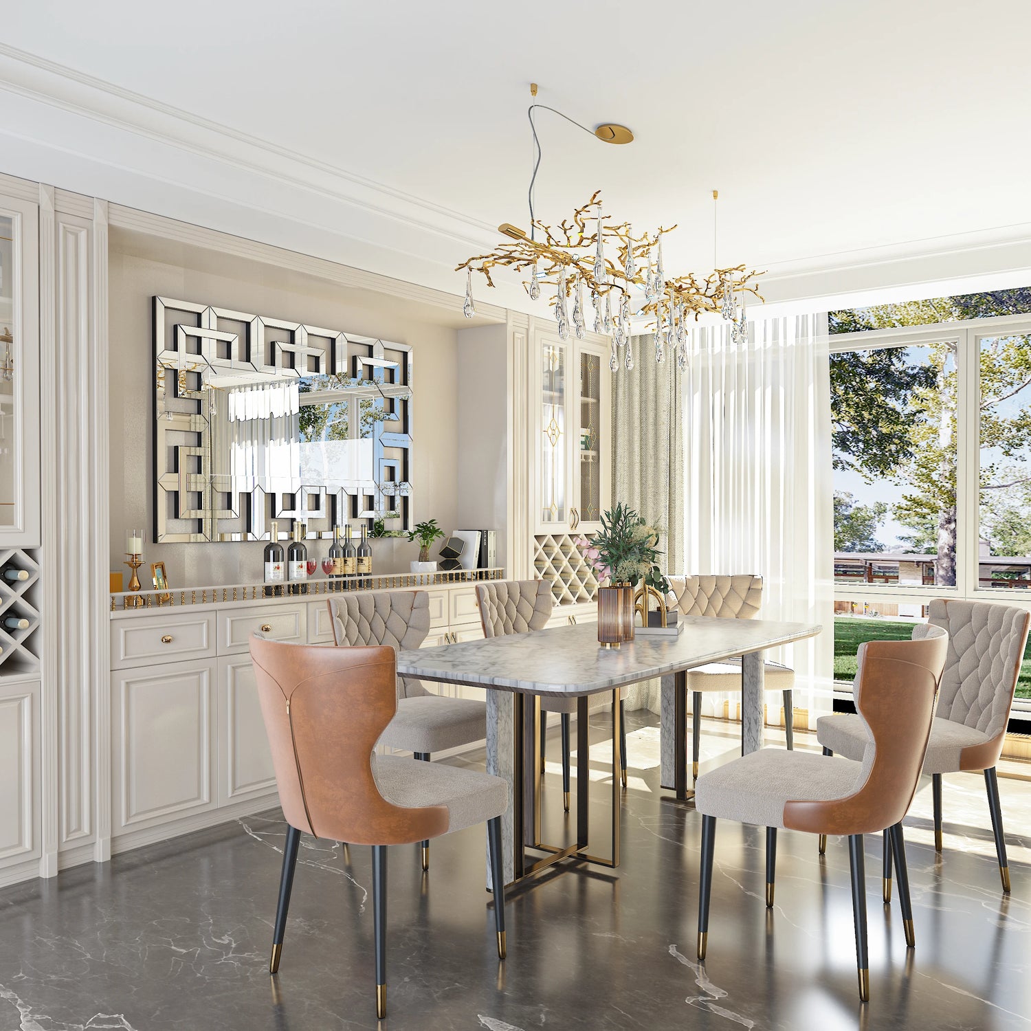 Grand miroir mural argenté rectangulaire moderne dans un salon