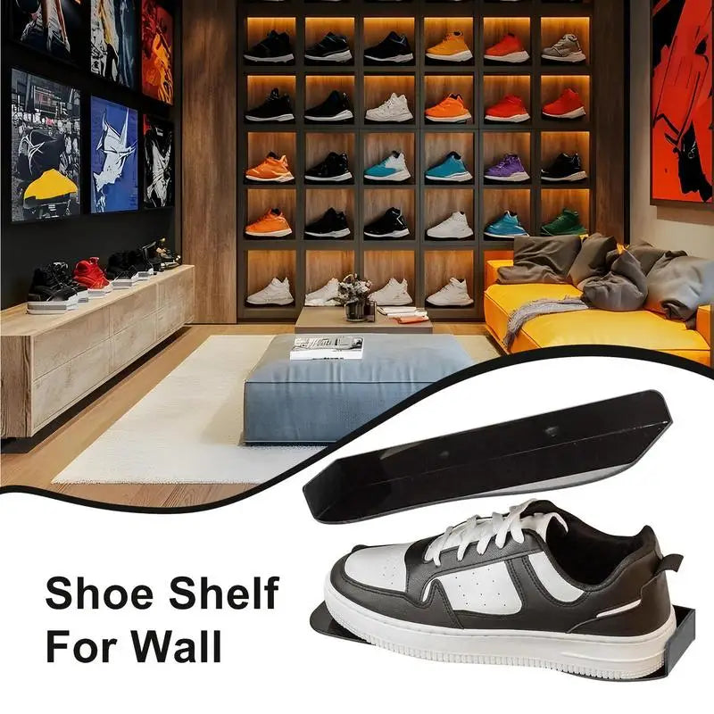 présentoir chaussures polyester noir blanc moderne étagères murales fixations vis sport baskets décoration événements