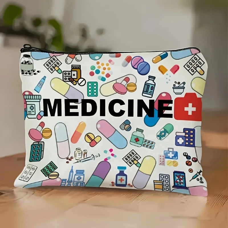 Sac maquillage moderne motif médicaments fermeture éclair blanc multicolore grand espace intérieur