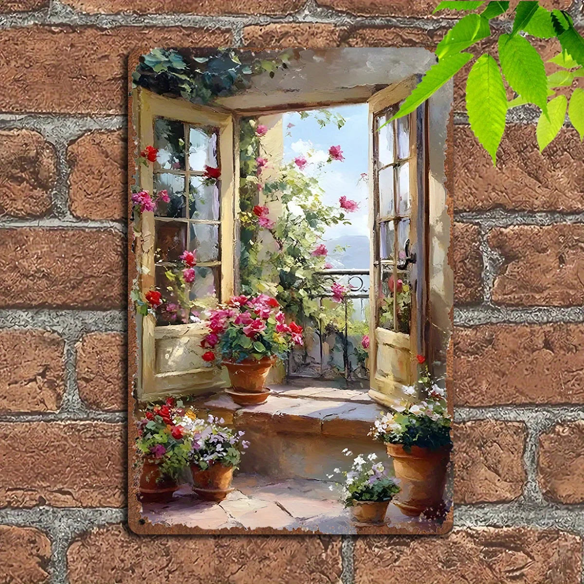 plaque décorative artiste terrasse fleurie pots fleurs fenêtres ouvertes plantes grimpantes vue extérieure multicolore
