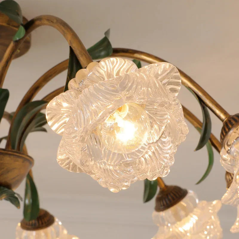 lampe vintage fleurs verre feuilles métal doré vert salon chambre