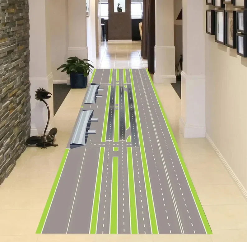 tapis vert gris moderne route marquages voitures salon chambre decoratif aubusson polypropylene polyester