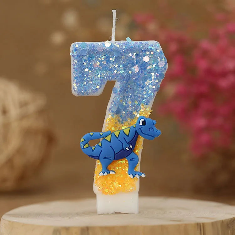 bougies anniversaire chiffres bleu jaune blanc paillettes dinosaure décoratives thème