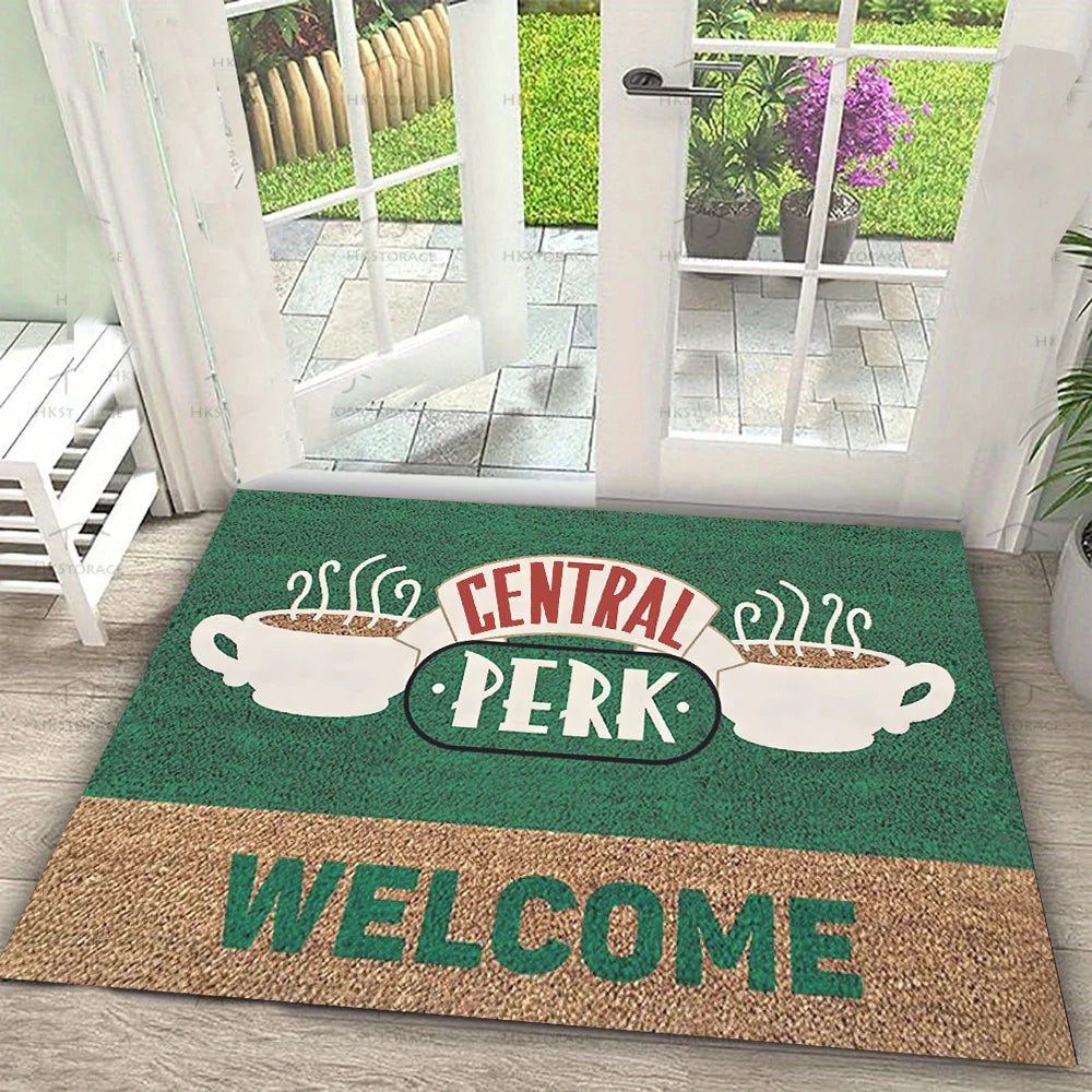 tapis d'entrée moderne central perk friends tasse bienvenue vert noir rose