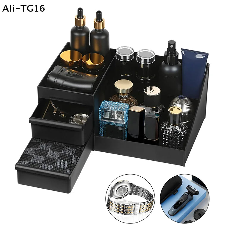 organisateur rangement homme compartiments tiroirs noir doré bouteilles crème rasoir montre bougies cotons moderne