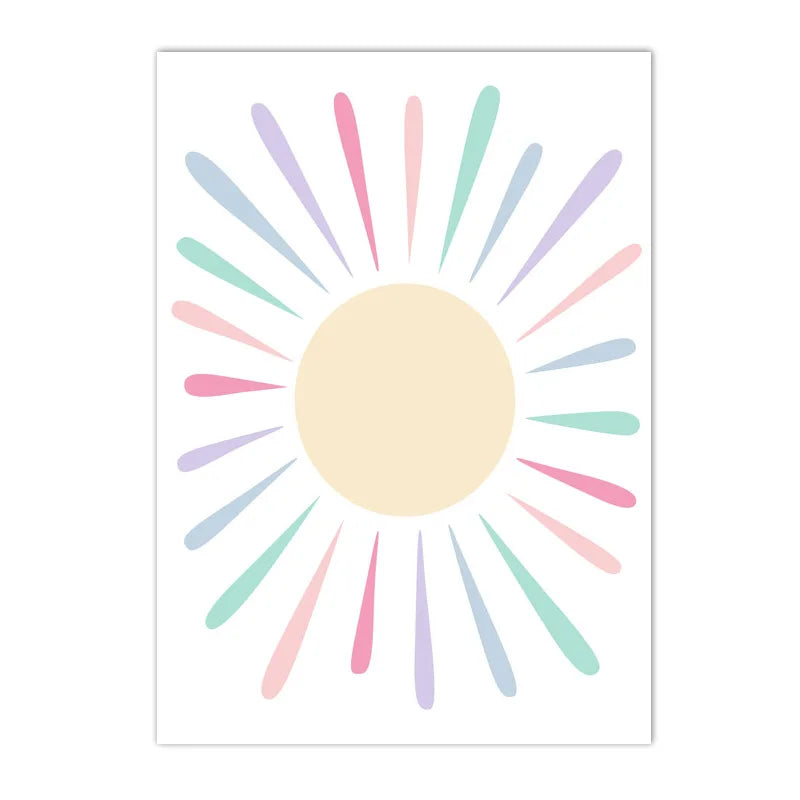 affiche dessin animé cœur arc ciel soleil moderne enfant rose blanc bleu jaune vert