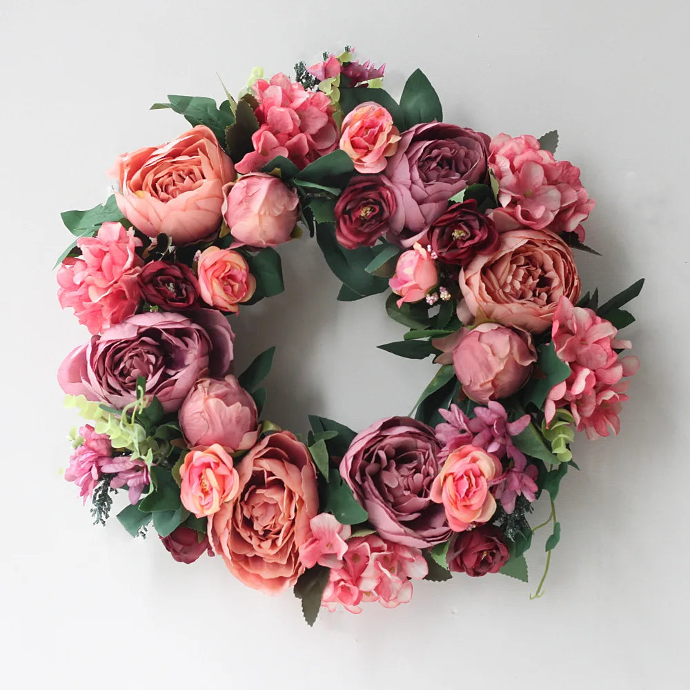 couronne florale vintage rose blanche feuilles vertes fleurs artificielles intérieur mariage table porte
