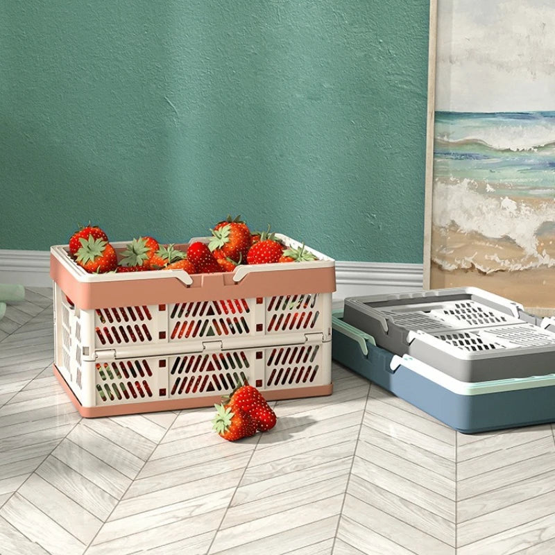 panier pliable gris bleu clair rose maille régulière moderne poignée détachable transport fruits légumes