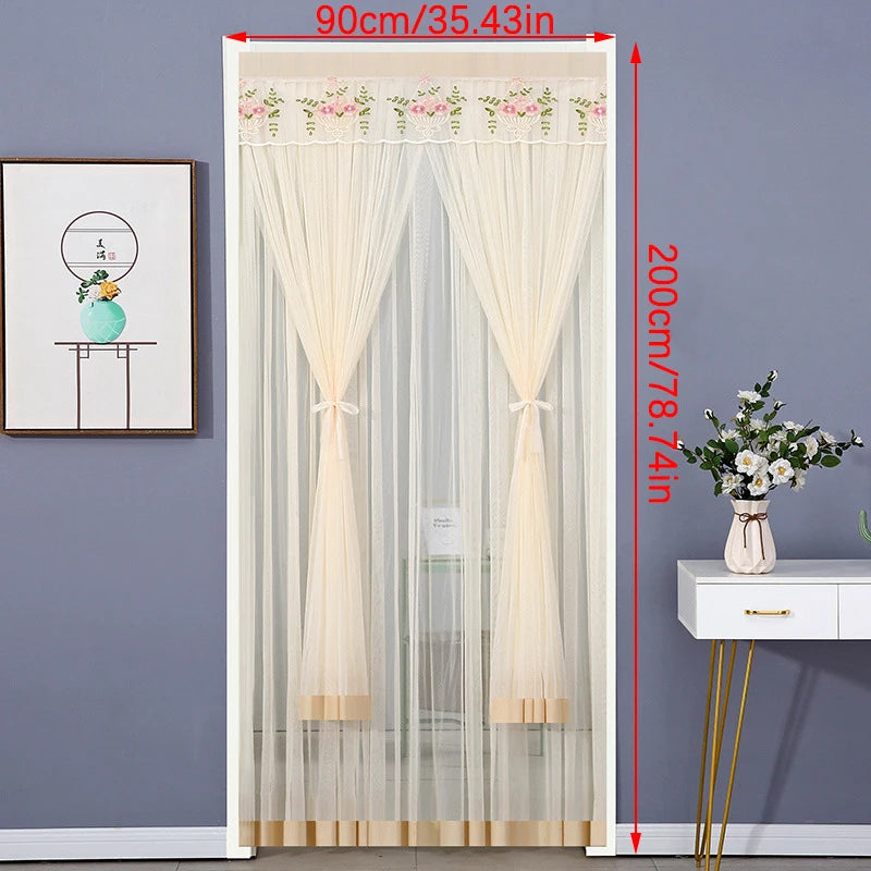 rideau porte anti moustiques blanc jaune violet rose broderie cerfs fleurs transparent classique ruban