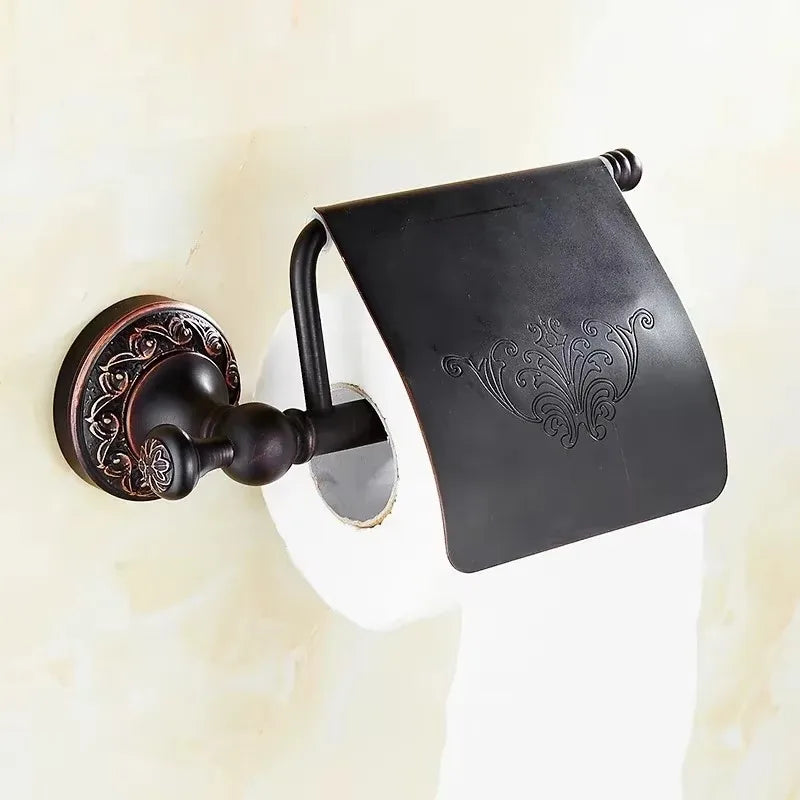 accessoires salle bain bronze noir élégants motifs floraux classiques porte serviettes savon papier hygiénique