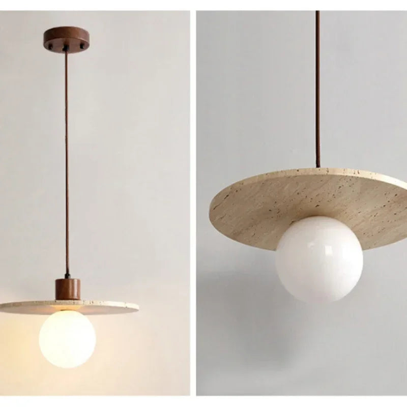 lampe suspendue moderne pierre travertine verre translucide chaîne métallique marron clair 30cm chambre salon