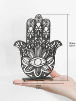 décoration maison main hamsa œil mal sculpture bois ornements floraux artisanal support plat