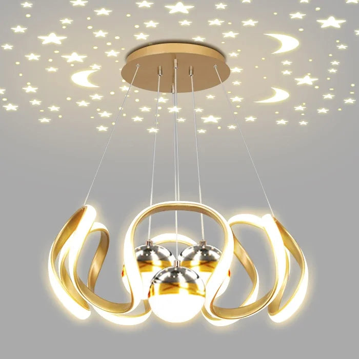 suspension lumineuse moderne noir doré boules lumière câbles suspendus forme circulaire ondulée