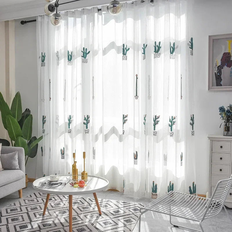 rideau moderne blanc vert motif cactus brodé salon chambre salon maison décoration intérieur