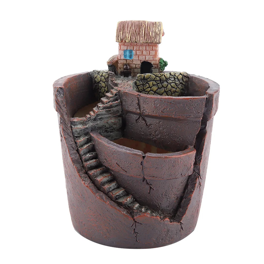 pots plante résine marron gris miniature maison toit chaume fenêtre bleue rustic