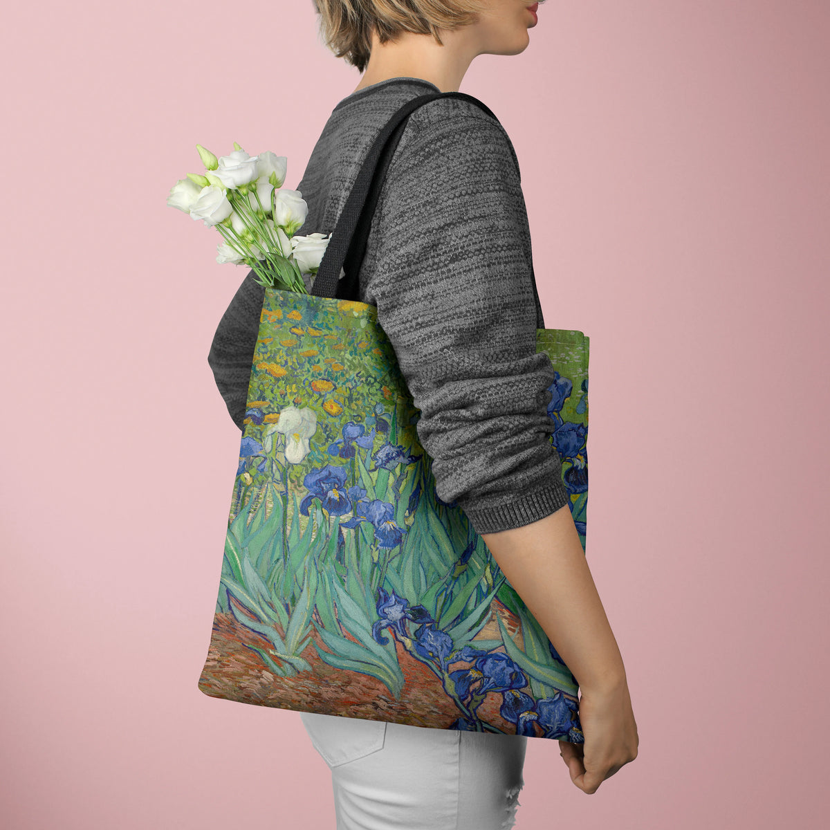 sac main polyester fleurs iris paysage moderne vert bleu beige noir poignées