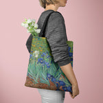 sac main polyester fleurs iris paysage moderne vert bleu beige noir poignées