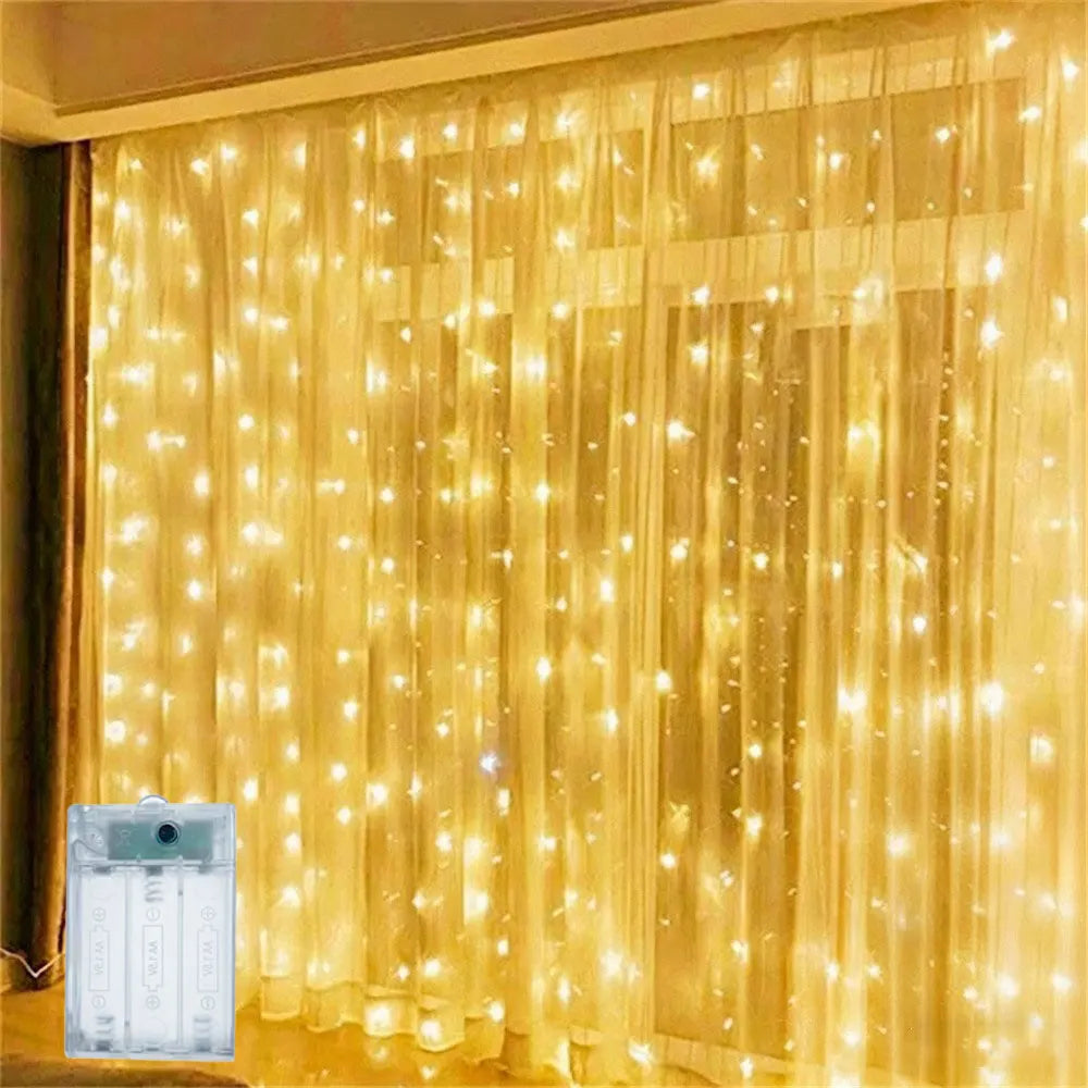 rideau lumineux led blanc jaune bleu 3m 3m 300 leds batteries moderne
