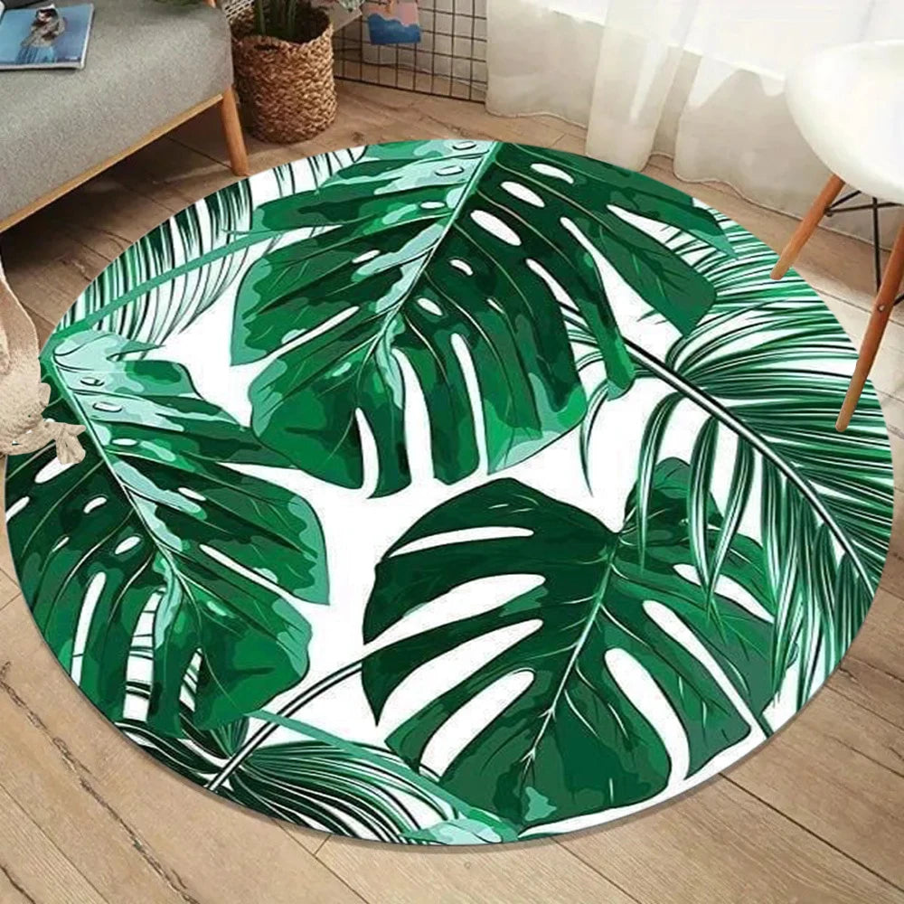 tapis rond moderne vert beige gris motifs feuilles tropicales geometriques salon chambreextérieur sdb 80x80cm