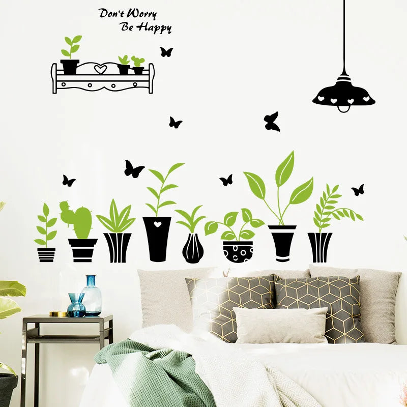 Stickers muraux plantes pots papillons étagère cœur Don't Worry Be Happy adhésifs résistants eau