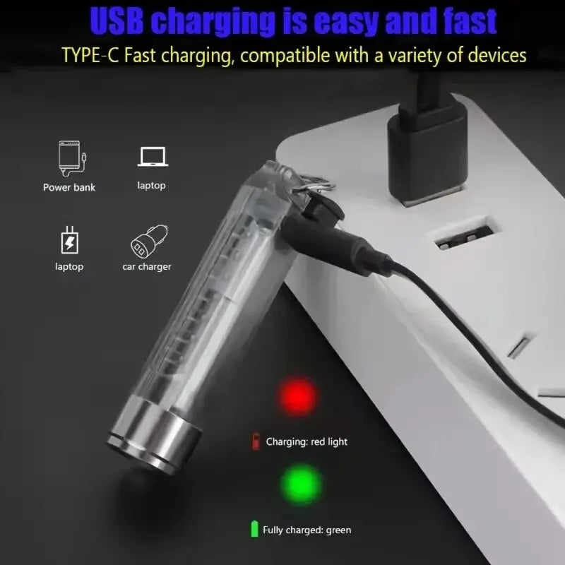 lampe poche rechargeable keychain 10 modes aimant uv rouge bleue transparent moderne camping