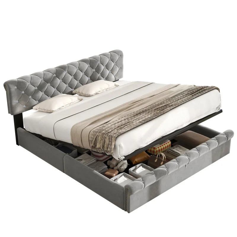 Lit capitonné 160x200 avec tête de lit en ardoise et velours gris